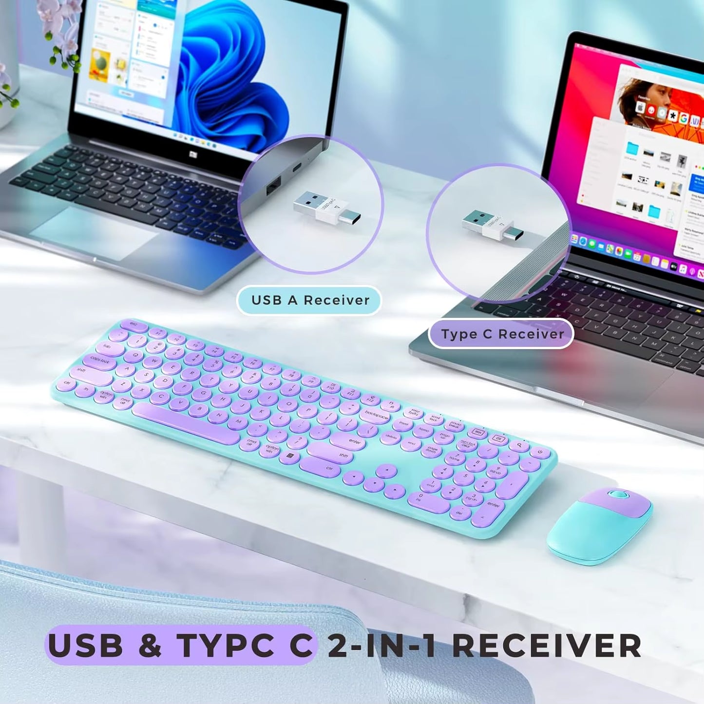 USB & Type C Wireless Keyboard and Mouse Combo for Win 7/8/10 Macbook Pro Air Laptop PC round Key Ergonomic Keyboards