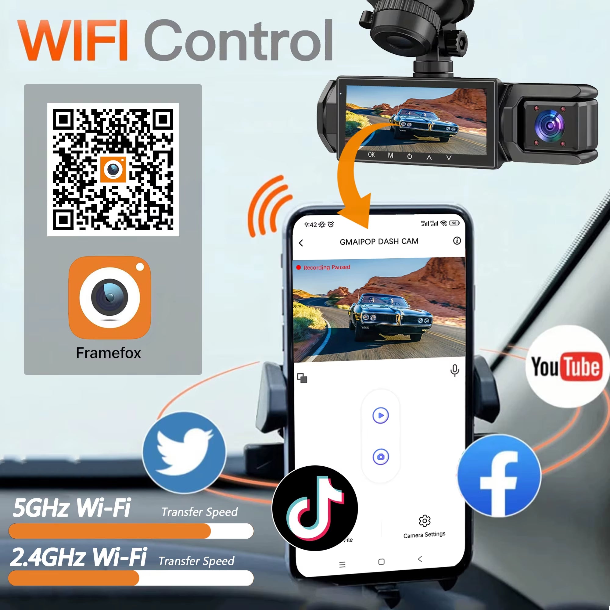 1080P WIFI Dash Cam for Cars 3Ch Front Rear and inside Car Camera with IR Night Vision Loop Recording Wide Angle Car DVR