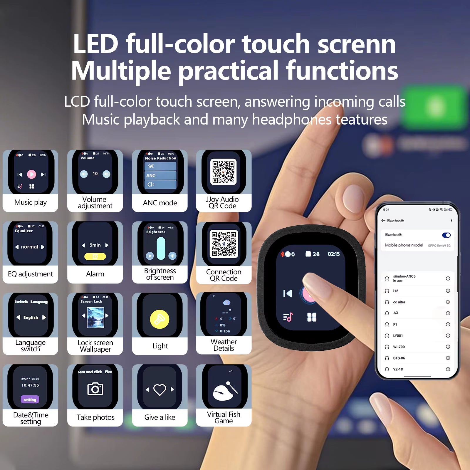 Jh-Anc930Plus Active Noise Cancelling Headphones, Hybrid Wireless Headphone with Multi Magnetic Touch Control LED Screen