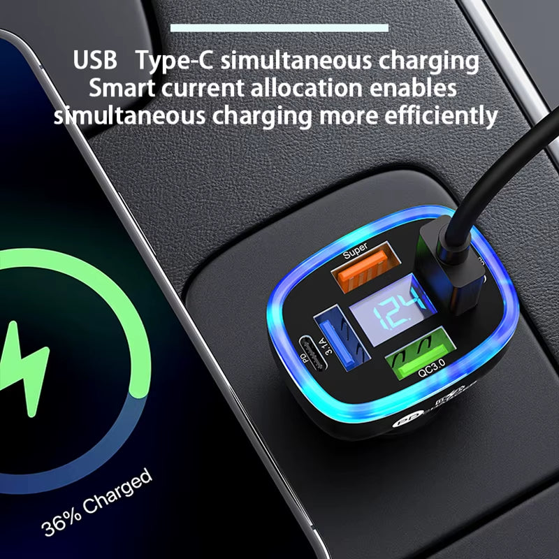 USB C Car Phone Charger 6 in 1 with Voltage Display Super Fast Charge Adapter for Samsung Iphone 16 15 Pro Max Oneplus