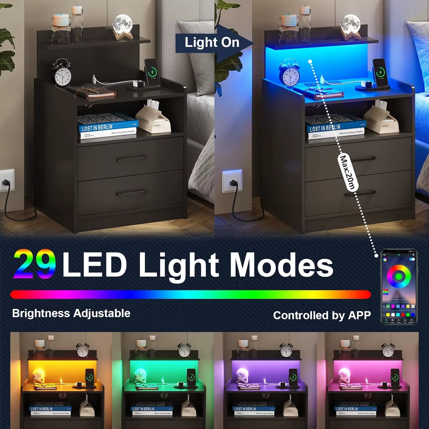 Modern LED Nightstand with Charging Station, 2 Drawers, USB Ports & RGB Lights - Black