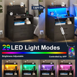 Modern LED Nightstand with Charging Station, 2 Drawers, USB Ports & RGB Lights - Black