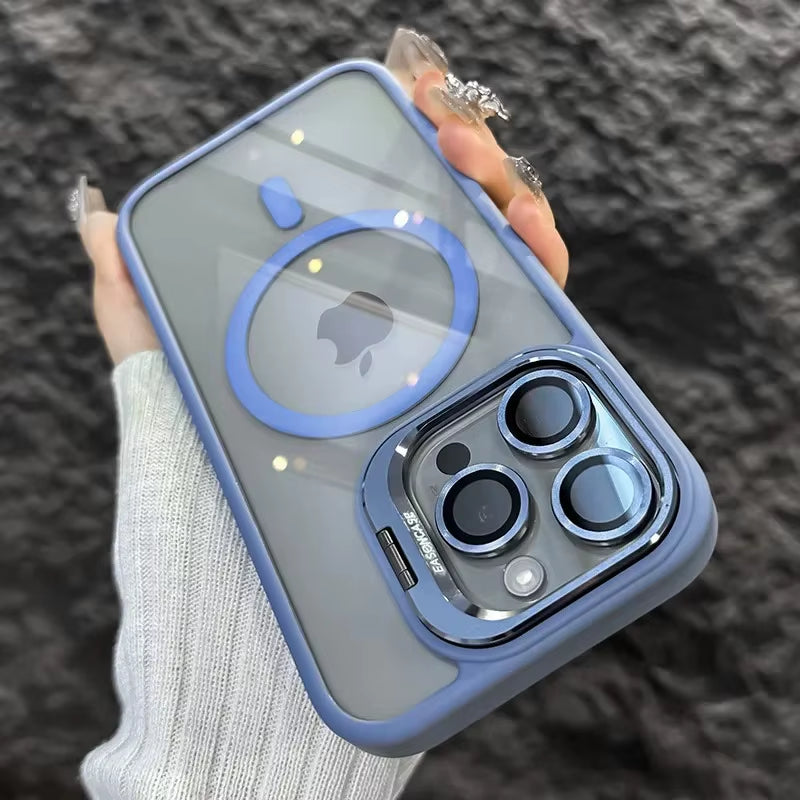 Luxury Magnetic Shockproof Phone Case for Iphone 15 14 13 12 11 16 17 Pro Max plus 16E Funda Stand Glass Lens Protection Cover