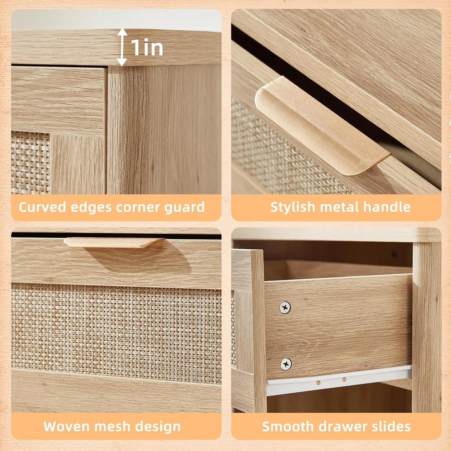 Rattan Nightstand Set of 2 with Charging Station, 1 & 2 Drawers Boho Night Stand Dresser for Bedroom, Natural Wood, Customized