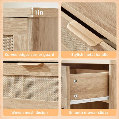 Rattan Nightstand Set of 2 with Charging Station, 1 & 2 Drawers Boho Night Stand Dresser for Bedroom, Natural Wood, Customized