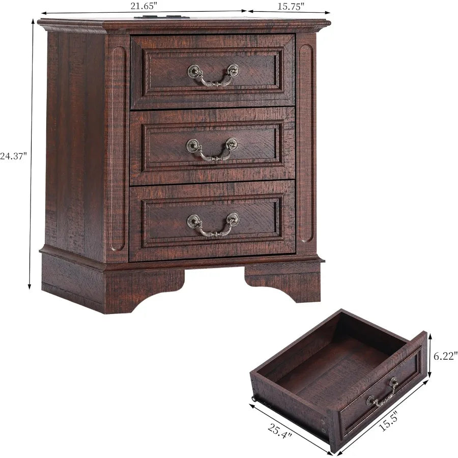 Nightstand with Charging Station Wooden Bedside Table with 3 Drawers for Bedroom End Table for Small Spaces 1 Dark Brown