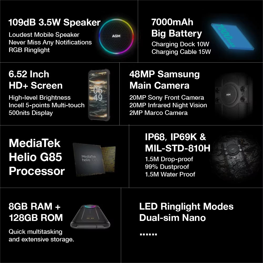 H5 Pro Rugged Helio G85 Smartphone, 6.56" HD+, 6GB+128GB, 48MP Camera, 7000Mah with NFC/IP68, 109Db Speaker and Night Vision