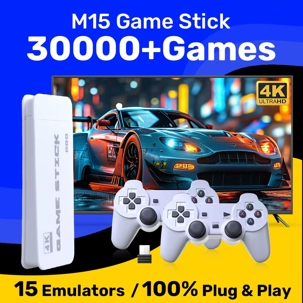 M15 Game Stick 64G Video Game Console 4K UHD Output with 30000+ Retro Games for PS1/MAME/SNES with Wireless Controllers
