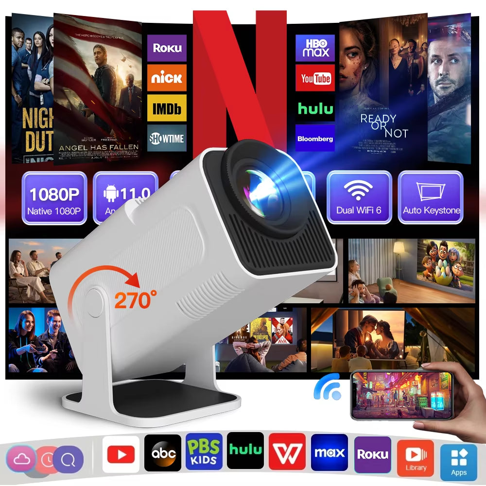 Smart Projector Native 1080P Support 4K, 390 ANSI HD Brightness, Android 11.0, Wifi 6, Auto Focus & Keystone Correction