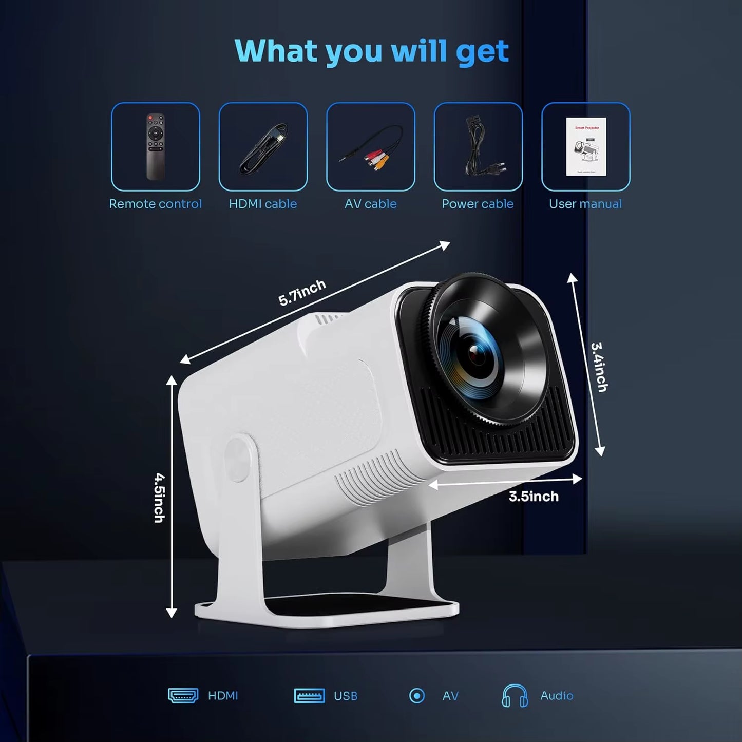 Smart Projector Native 1080P Support 4K, 390 ANSI HD Brightness, Android 11.0, Wifi 6, Auto Focus & Keystone Correction