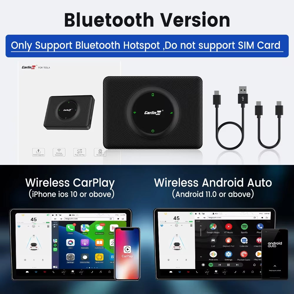 Wireless Carplay Android Auto for Tesla Model 3 Model X Y Model S Auto Connect Siri Voice Assistant Spotify Waze 5G BT