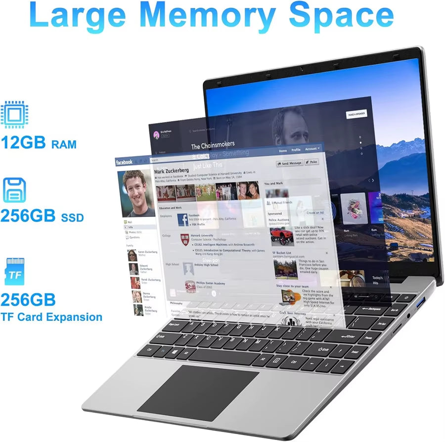 14 Inch Laptop PC 12GB LPDDR4 RAM 256GB SSD ROM 1080P FHD IPS Screen Windows 11 Computer with Celeron 4-Core Processor WIFI