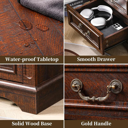 Nightstand with Charging Station Wooden Bedside Table with 3 Drawers for Bedroom End Table for Small Spaces 1 Dark Brown