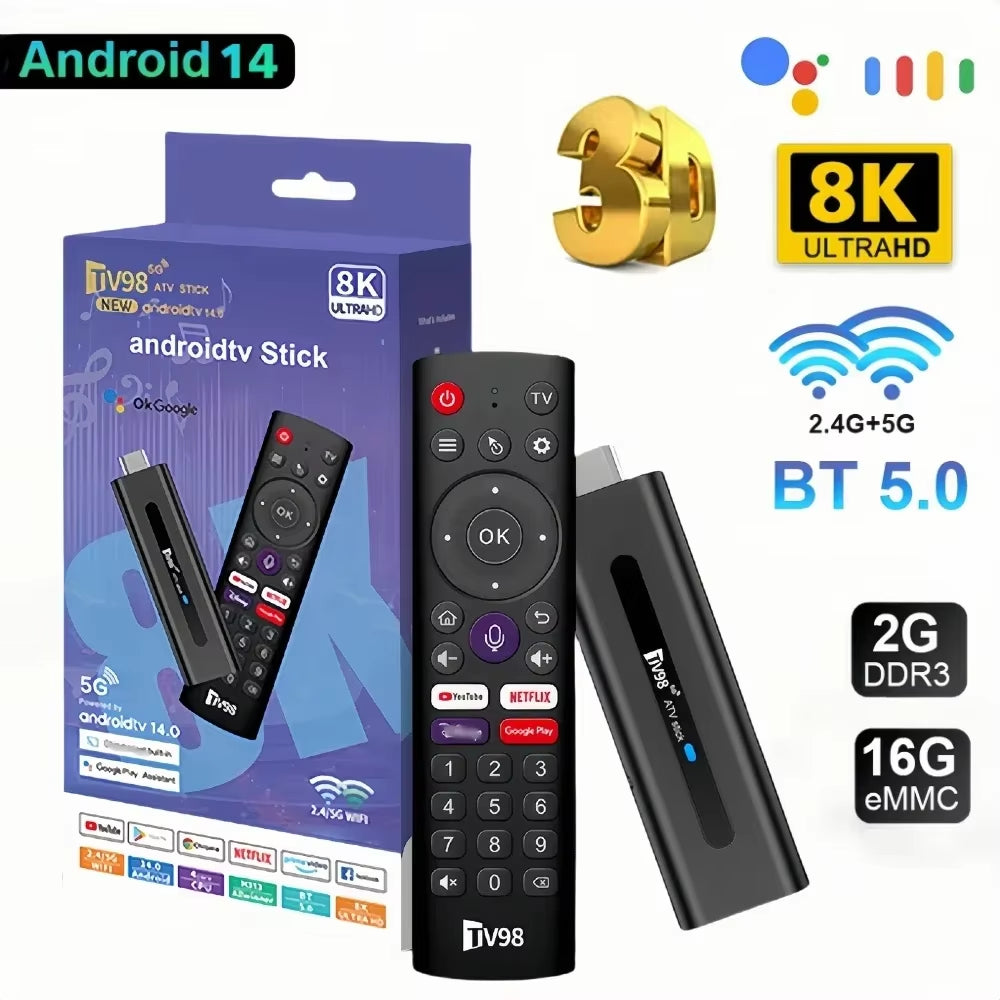 TV98 Mini TV Stick Android 14 TV Stick HDR Set Top Box 8K Video Wifi 2.4/5G Streaming Smart TV Box for Network Media Player