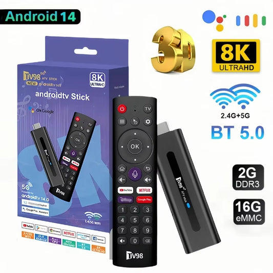 TV98 Mini TV Stick Android 14 TV Stick HDR Set Top Box 8K Video Wifi 2.4/5G Streaming Smart TV Box for Network Media Player