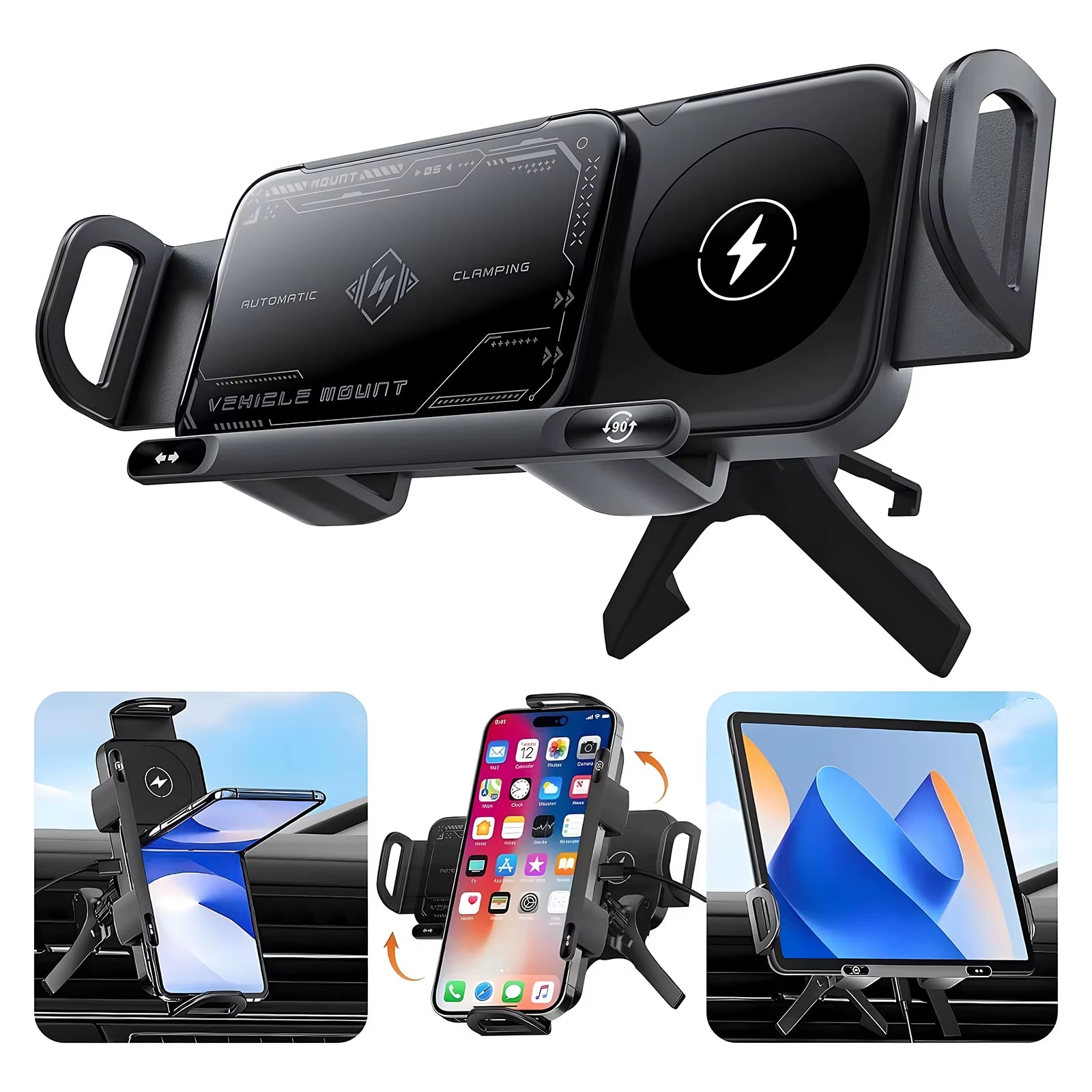 2-In-1 Car Wireless Charger Dual Coil Fold Screen Phone Fast Charging for  Galaxy Z Fold 5 6 Air Vent Car Phone Holder