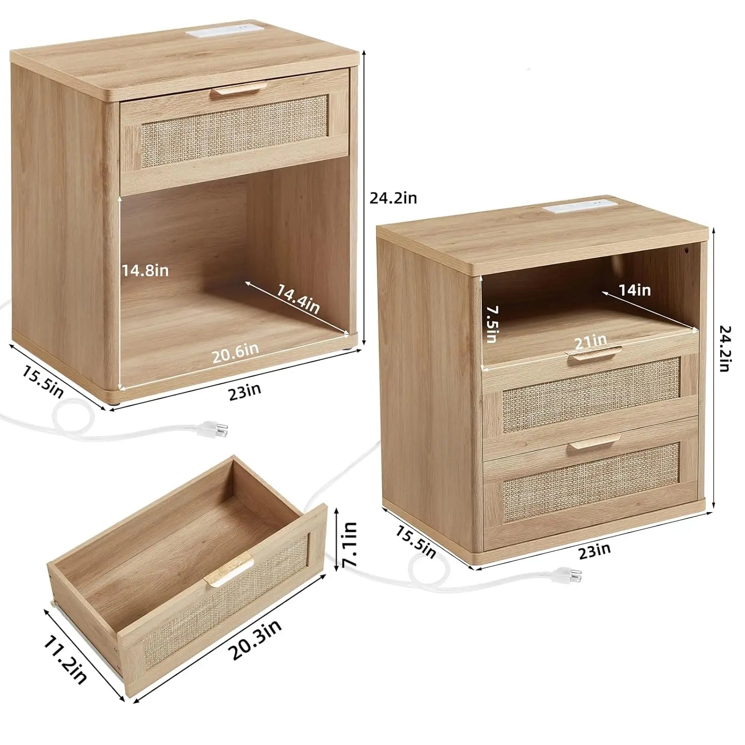 Rattan Nightstand Set of 2 with Charging Station, 1 & 2 Drawers Boho Night Stand Dresser for Bedroom, Natural Wood, Customized