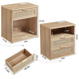 Rattan Nightstand Set of 2 with Charging Station, 1 & 2 Drawers Boho Night Stand Dresser for Bedroom, Natural Wood, Customized