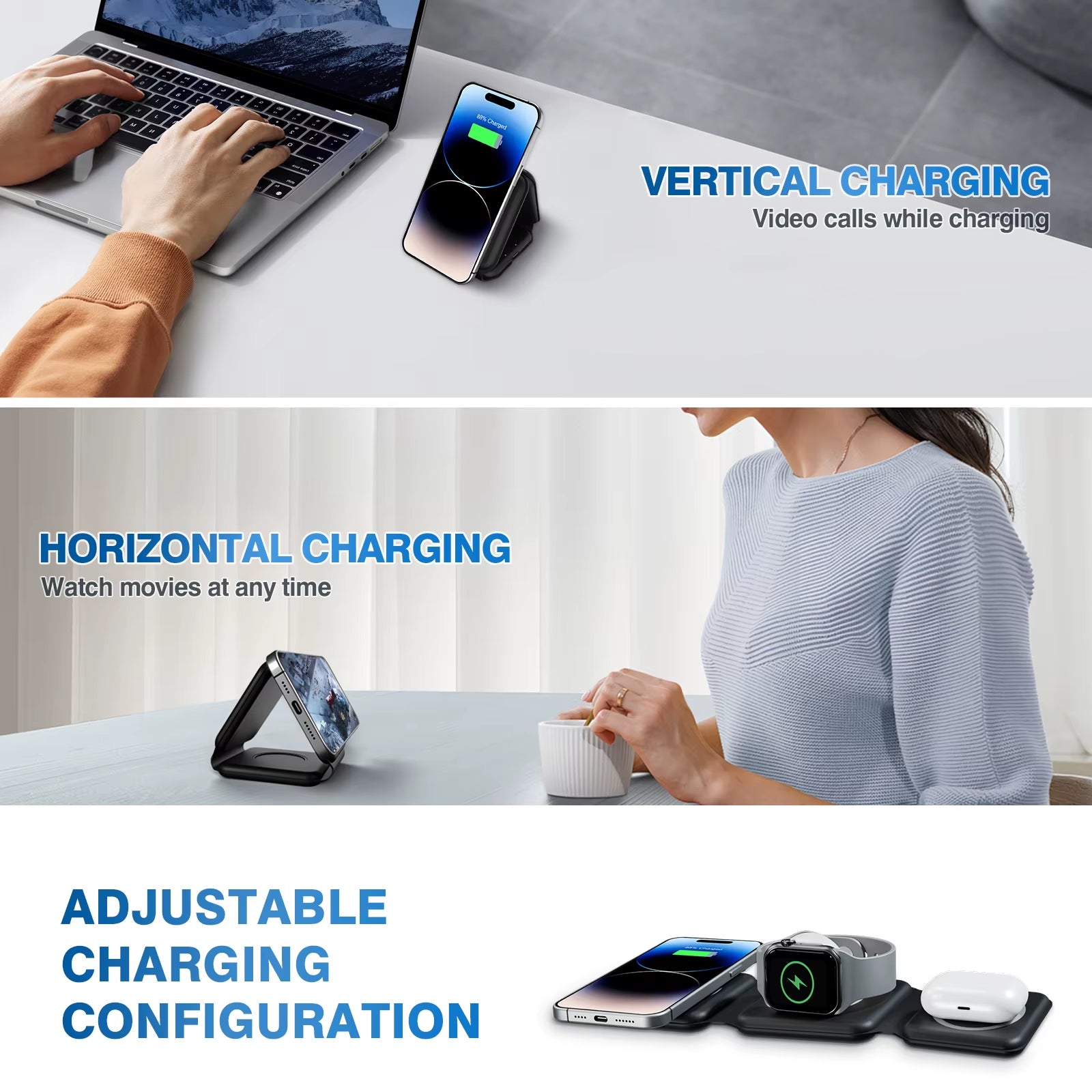 Magnetic Wireless Charger 15W 3 in 1 Fast Charging Portable Type-C Travel for Iphone 16 15 14 13 8 Apple Watch Airpods