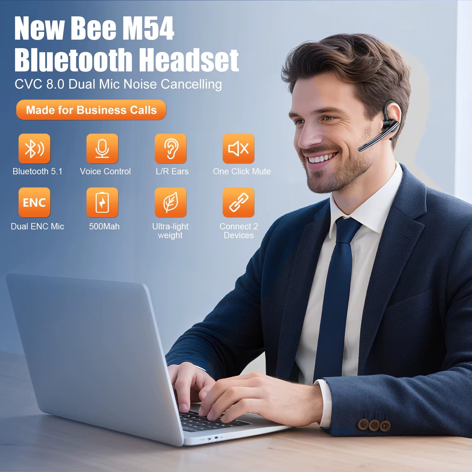 M54 Bluetooth Headset Single Wireless Earphones Driving Headphone with Dual-Mic CVC8.0 Noise Cancelling Handsfree