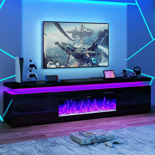 Black High Gloss LED TV Stand with Electric Fireplace and Power Outlet, 2 Storage Cabinets for 95 "TV Modern Furniture
