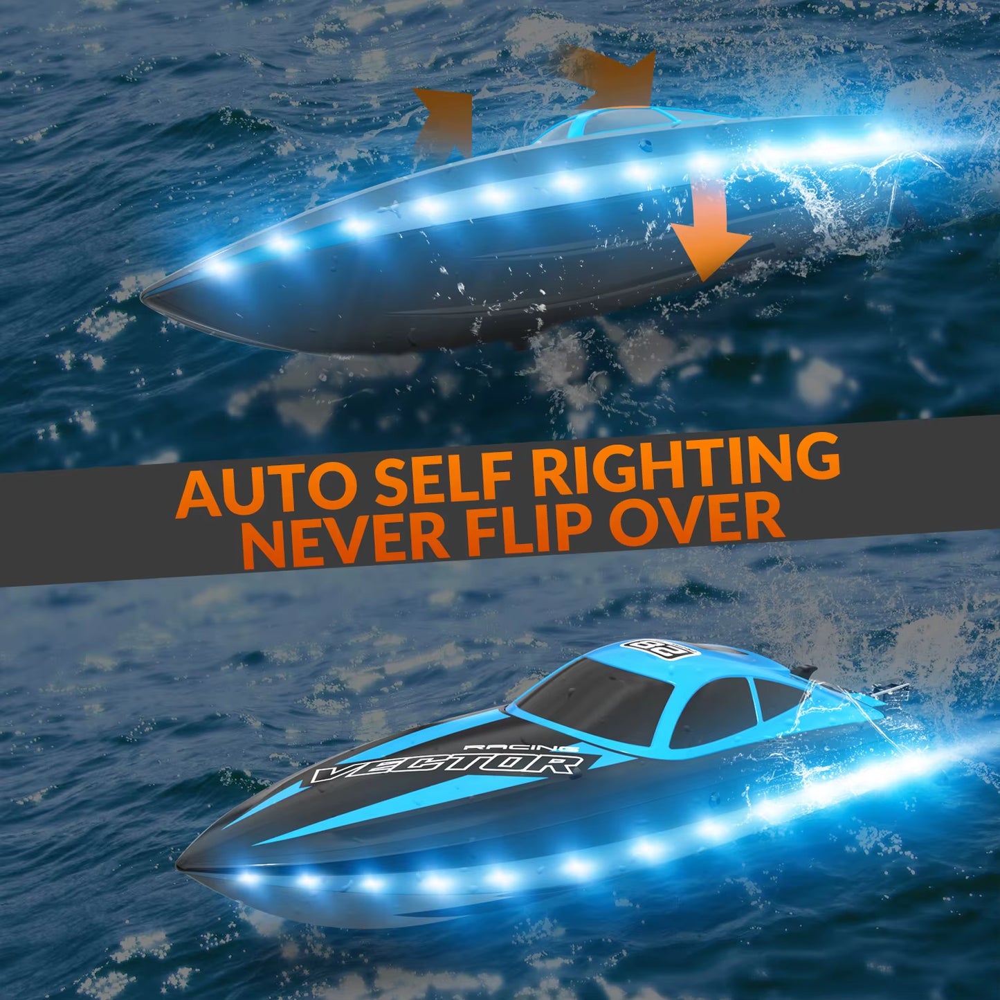 VOLANTEXRC RC Boat 20MPH Fast Remote Control Boat with Lights 2.4Ghz Toy Boat for Pools and Lakes with 2 Rechargeable Batteries