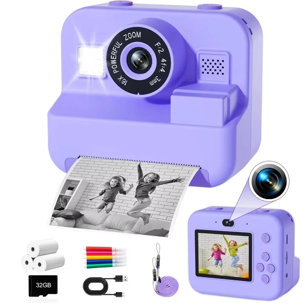 Children'S Digital Instant Print Camera - Educational Thermal Instant Print Camera with 32G Card and 1080P Video Functionality