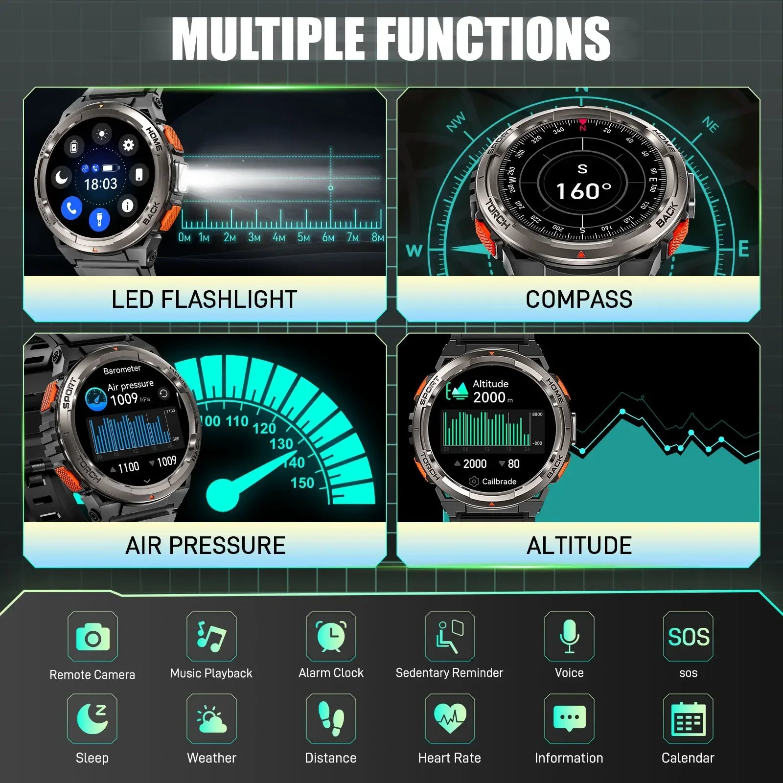 New Smart Watch KE5 3ATM Waterproof Original Design Sports Watch with Compass and Altitude Barometer LED Flashlight Call