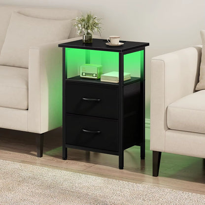 2-Piece Nightstand Set with LED Lights & Charging Station, 2 Fabric Drawers & Storage Shelves, Black Bedside Tables for Bedroom