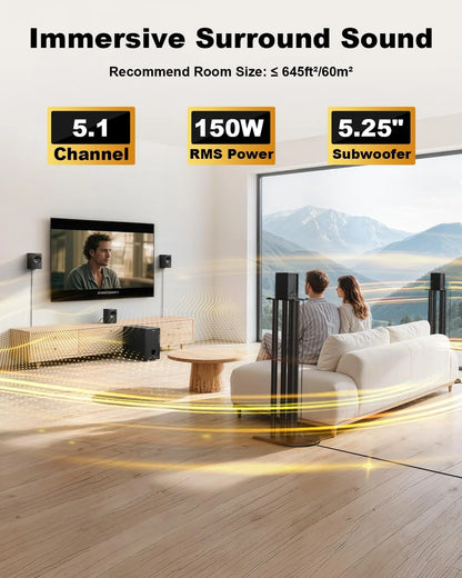 Home Theater Systems with 5.25 Inch Subwoofer, 5.1 Wired Satellite Surround Sound Speakers, 600 Watts Peak Power Deep Bass Audio Stereo System with FM Radio Bluetooth AUX DVD USB SD Input