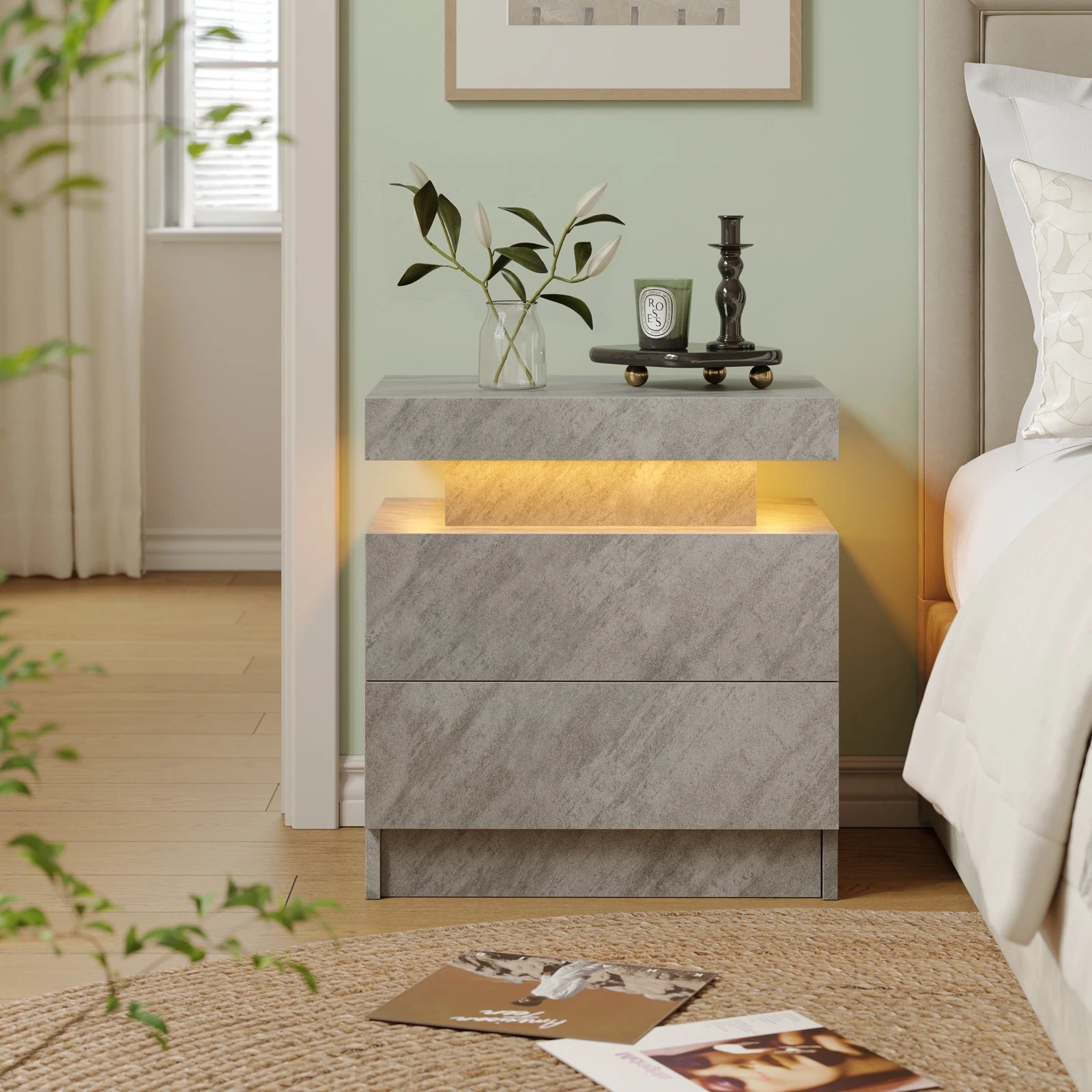 LED Nightstands with 2 Drawers, End Table with RGB LED Lights for Bedroom Living Room, White Bedside Table