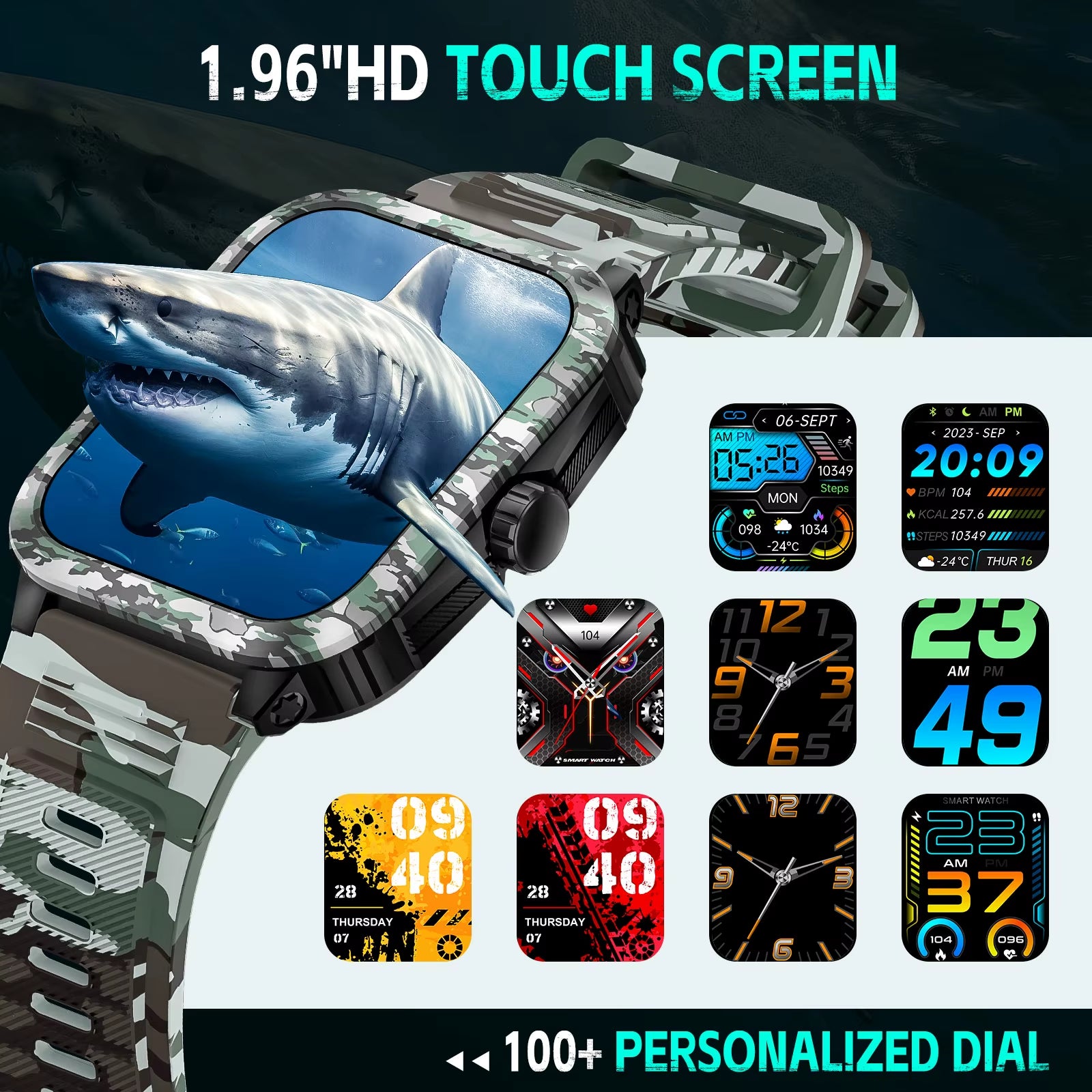 New Smart Watch for Men 3ATM Waterproof 1.96"HD Big Screen Rugged Smart Watch Heart Rate/Spo2/Sleep Monitor Fitness Watch