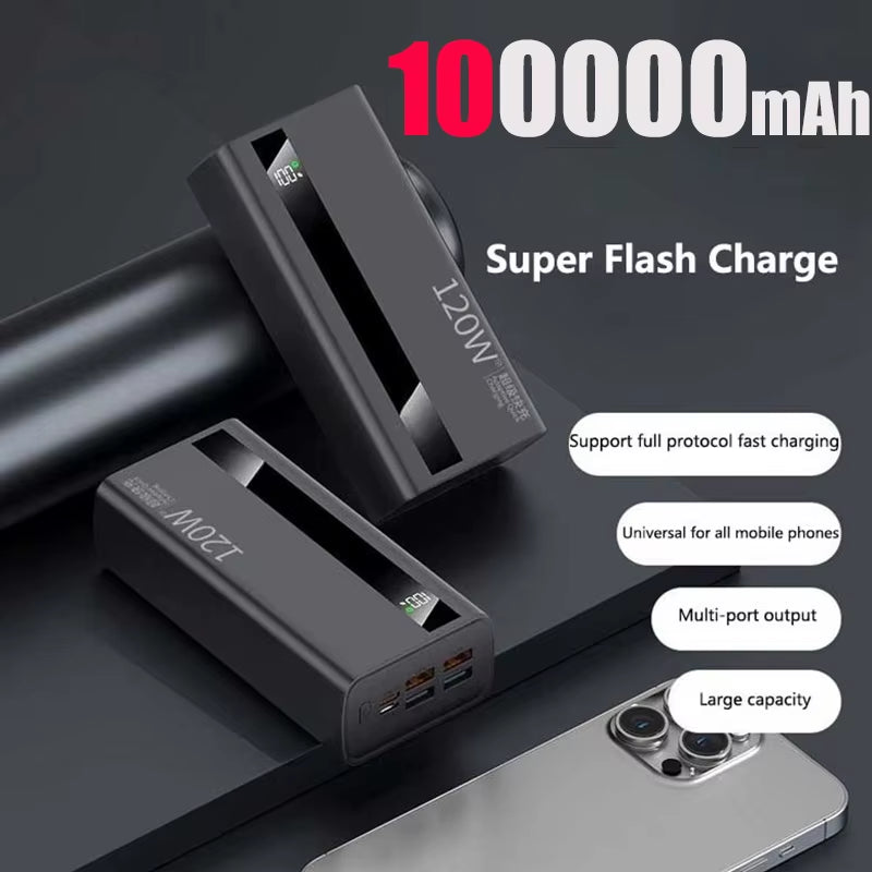 1000000Mah Large Capacity Power Bank Digital Display 120W Fast Charging Outdoor Power Supply for Xiaomi Huawei Iphone