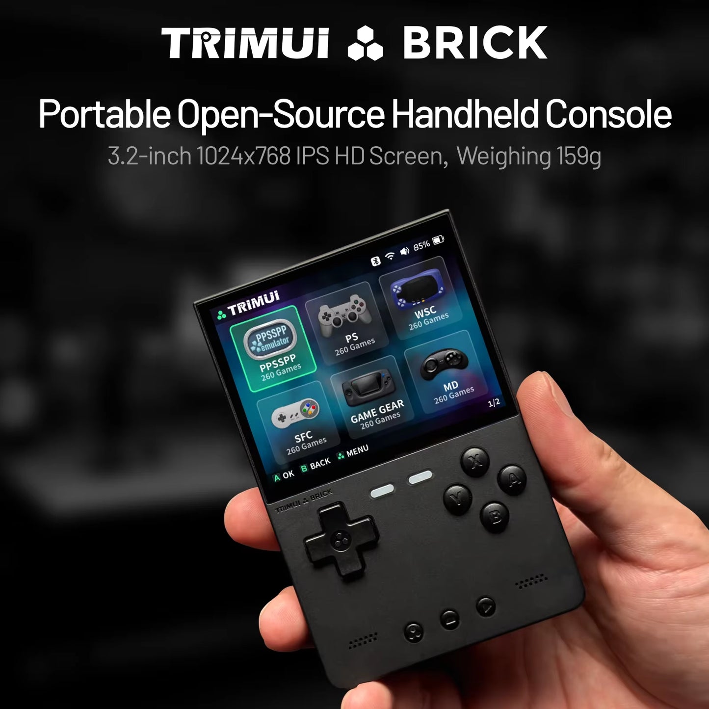 BRICK Handheld Game Console 3.2'' IPS Screen Linux System  UI Metal Back Panel Key LED Lighting Free Keycap Gifts
