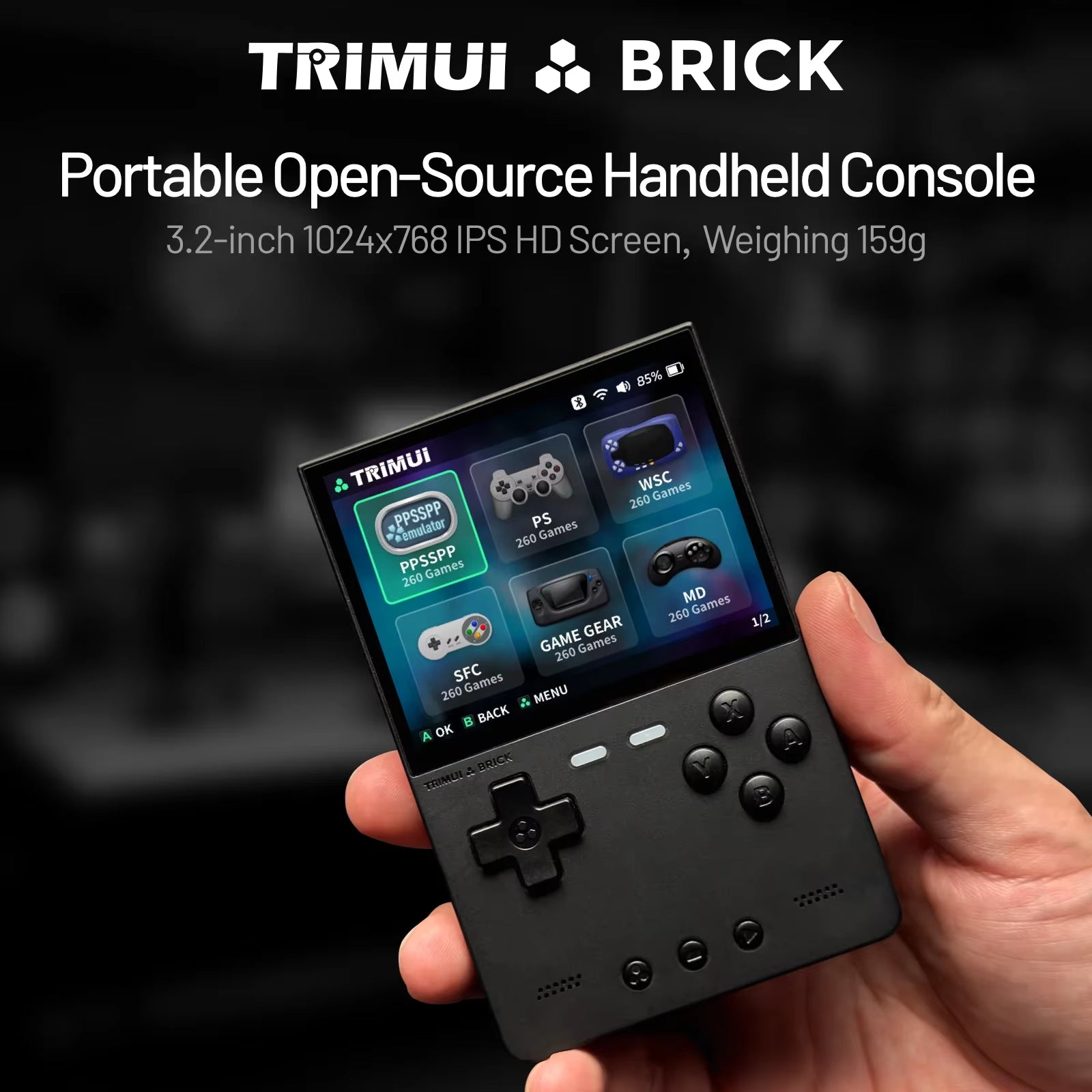 BRICK Handheld Game Console 3.2'' IPS Screen Linux System  UI Metal Back Panel Key LED Lighting Free Keycap Gifts