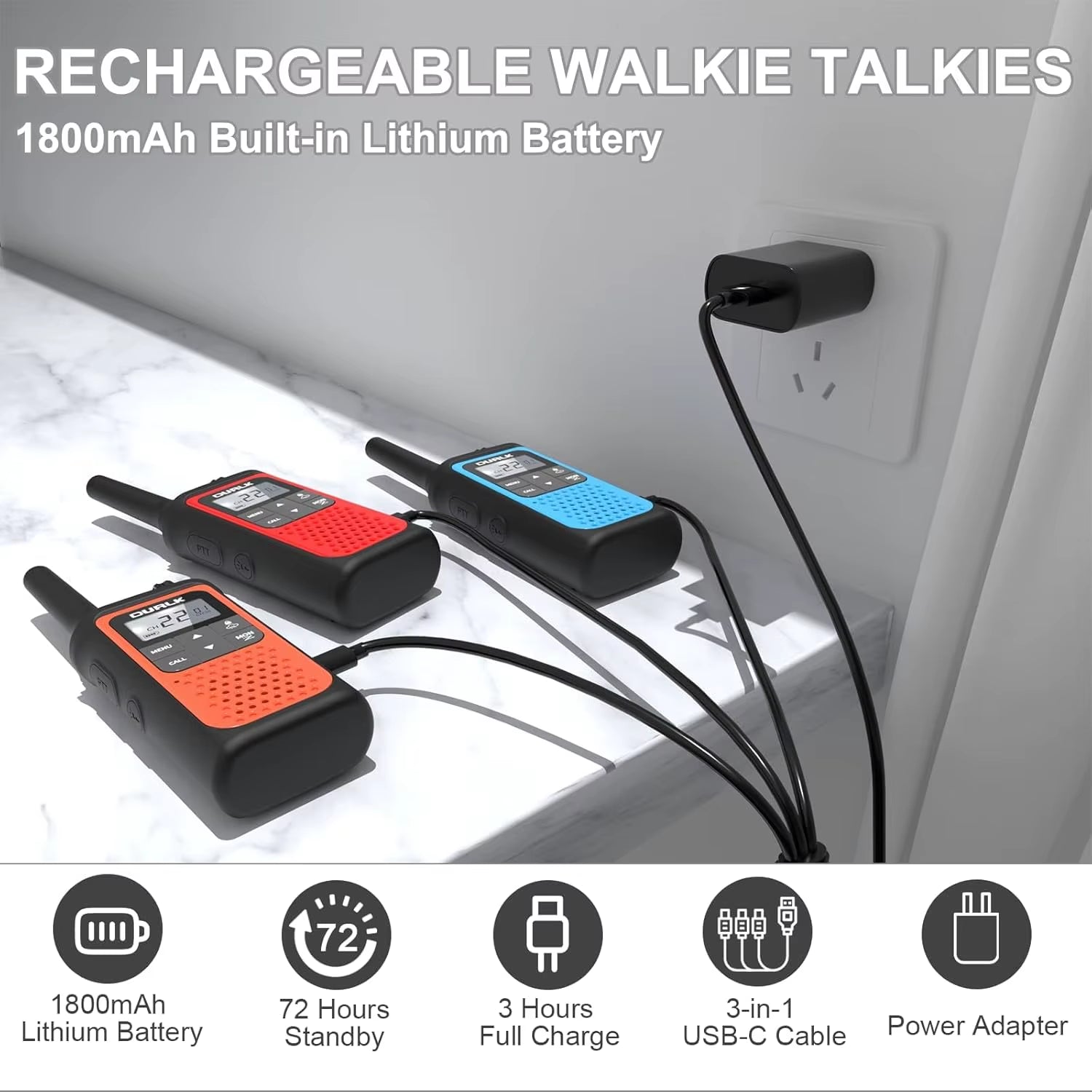 Long Range Rechargeable Walkie Talkies 3 Pack with NOAA Weather Alert, 22 Channels & USB-C Charging for Outdoor Adventures