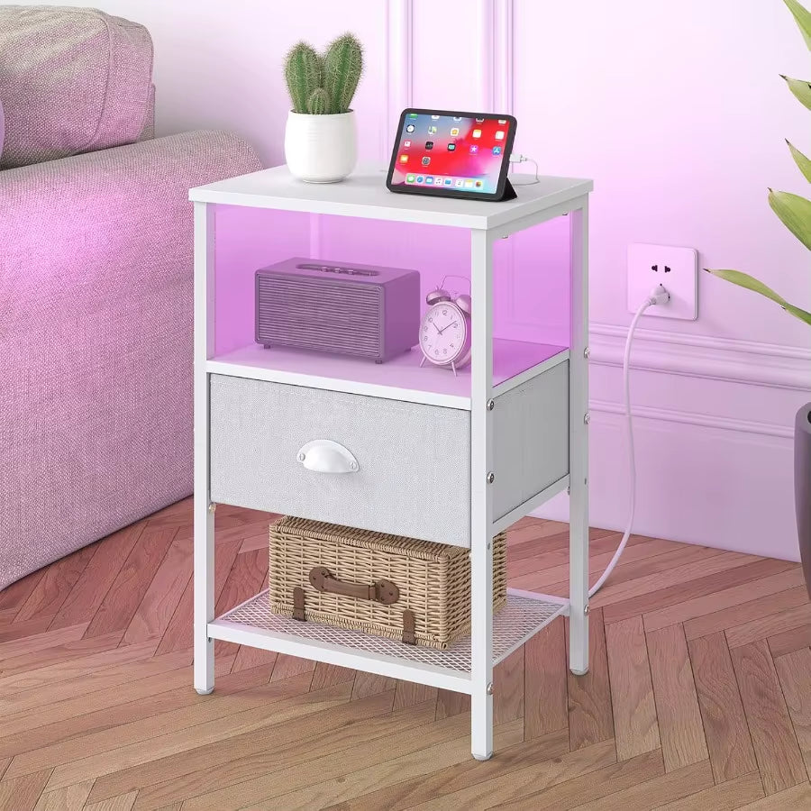 Sthmec Nightstands Set of 2 LED Bedside Tables with Charging Station and Fabric Drawer Night Stand with Storage 3 Tier Side Tab