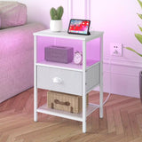 Sthmec Nightstands Set of 2 LED Bedside Tables with Charging Station and Fabric Drawer Night Stand with Storage 3 Tier Side Tab