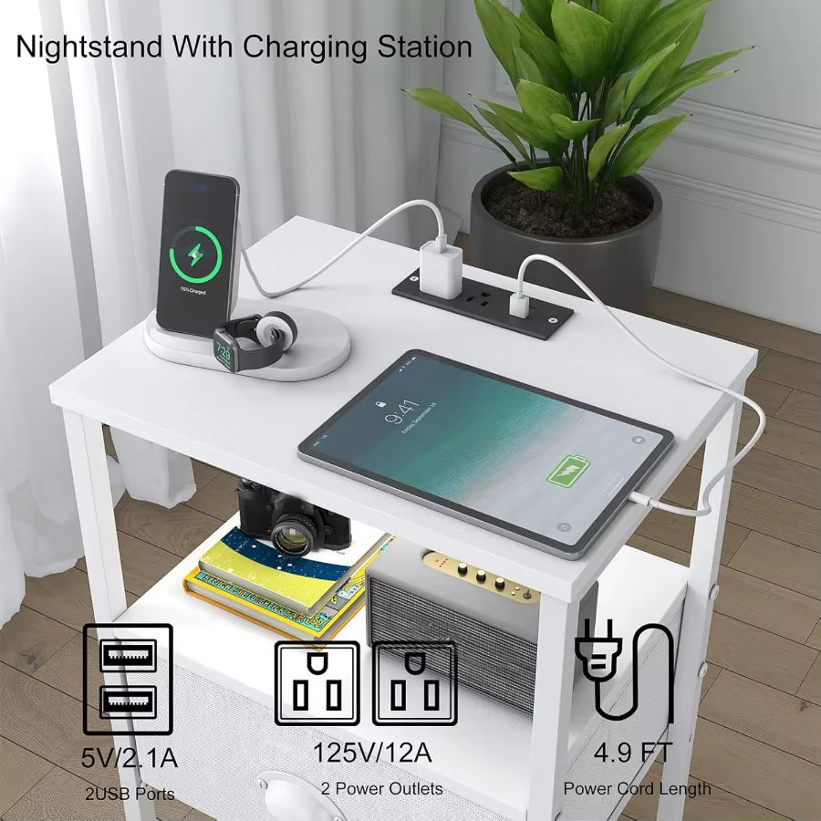 Sthmec Nightstands Set of 2 LED Bedside Tables with Charging Station and Fabric Drawer Night Stand with Storage 3 Tier Side Tab
