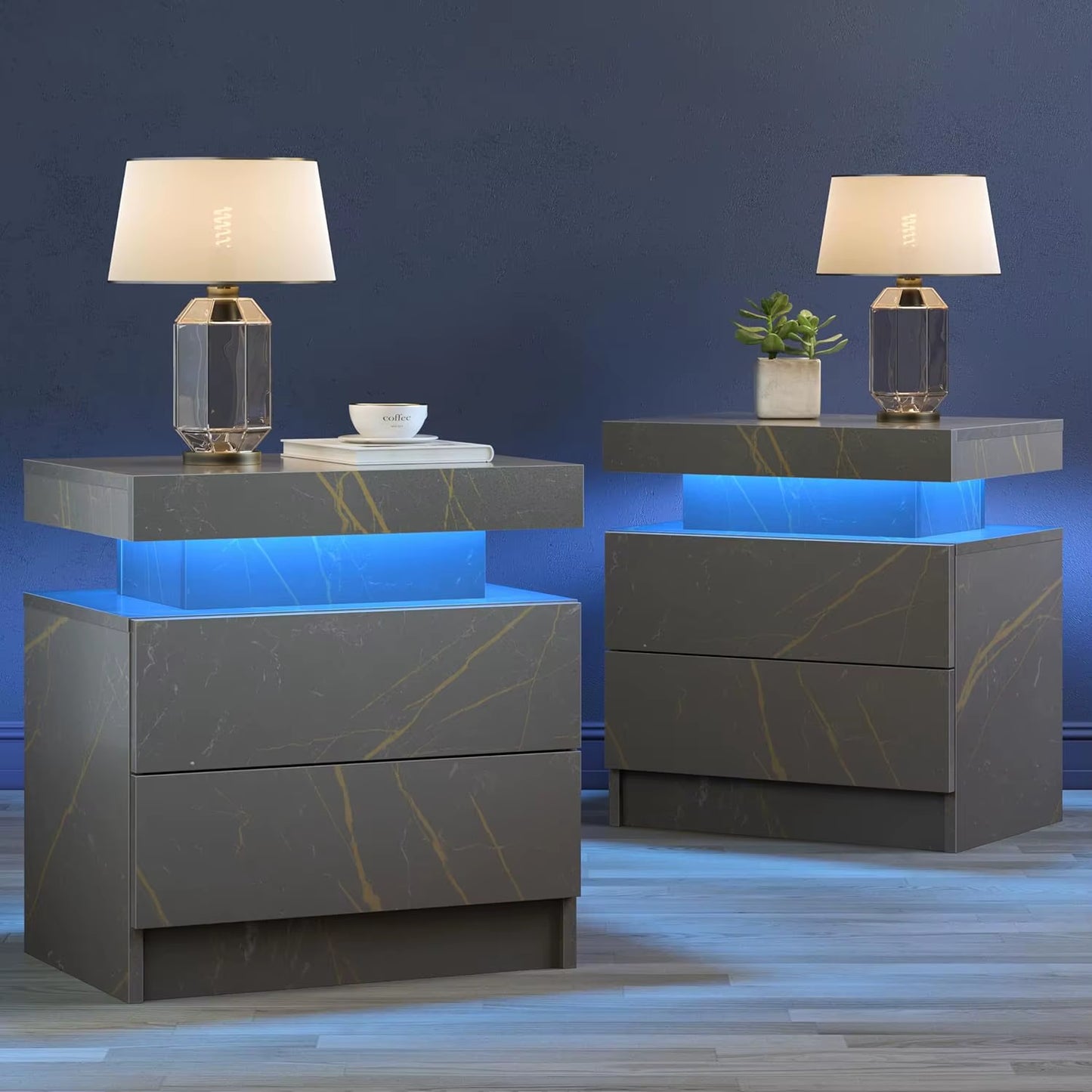 Nightstand LED Set of 2 Black Bedside Table LED Night Stand with LED Lights Modern End Side Table with 2 Drawers for Bedroom