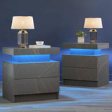 Nightstand LED Set of 2 Black Bedside Table LED Night Stand with LED Lights Modern End Side Table with 2 Drawers for Bedroom