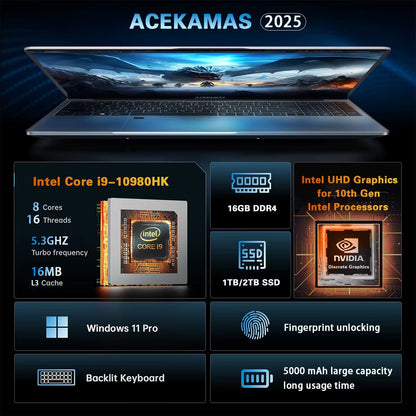 ACEKAMAS 15.6" Gaming Laptop Computer  Core I9 10980HK Windows 11 Pro IPS 4K 16GB DDR4 1TB SSD M.2 Notebook PC Laptop Gamer