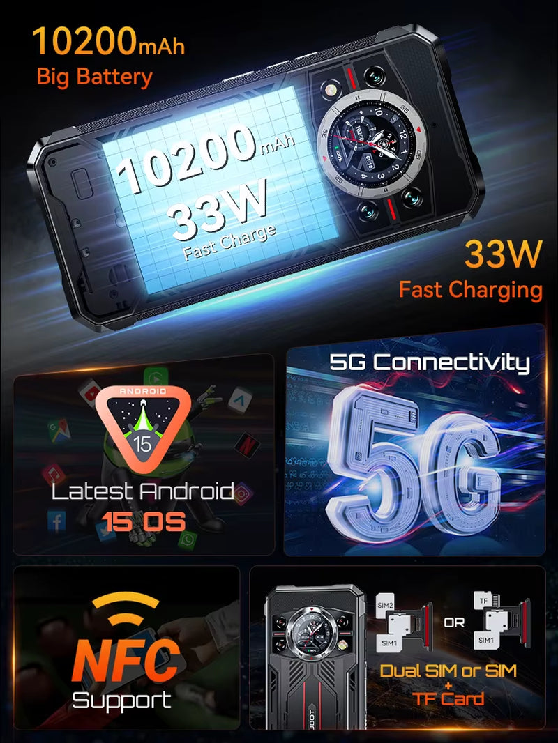 Rugged Smartphone 5G  Kingkong 11, 10200Mah Battery, Dimensity 7025, 6Nm, 2.5Ghz, 32GB RAM(16+16), 256GB ROM,108MP Camera