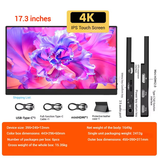17.3 Inch 4K Touch Portable Monitor PS5 Expansion Screen IPS HD PC Secondary Display 100%DCI-P3 Color Gamut 500Nit Brightness