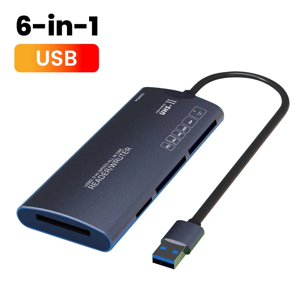 6 in 1 USB Card Reader SD TF XD CF M2 MS Memory Card Readers USB Type C Adapter High Speed Data Transfer Cardreader for Laptops