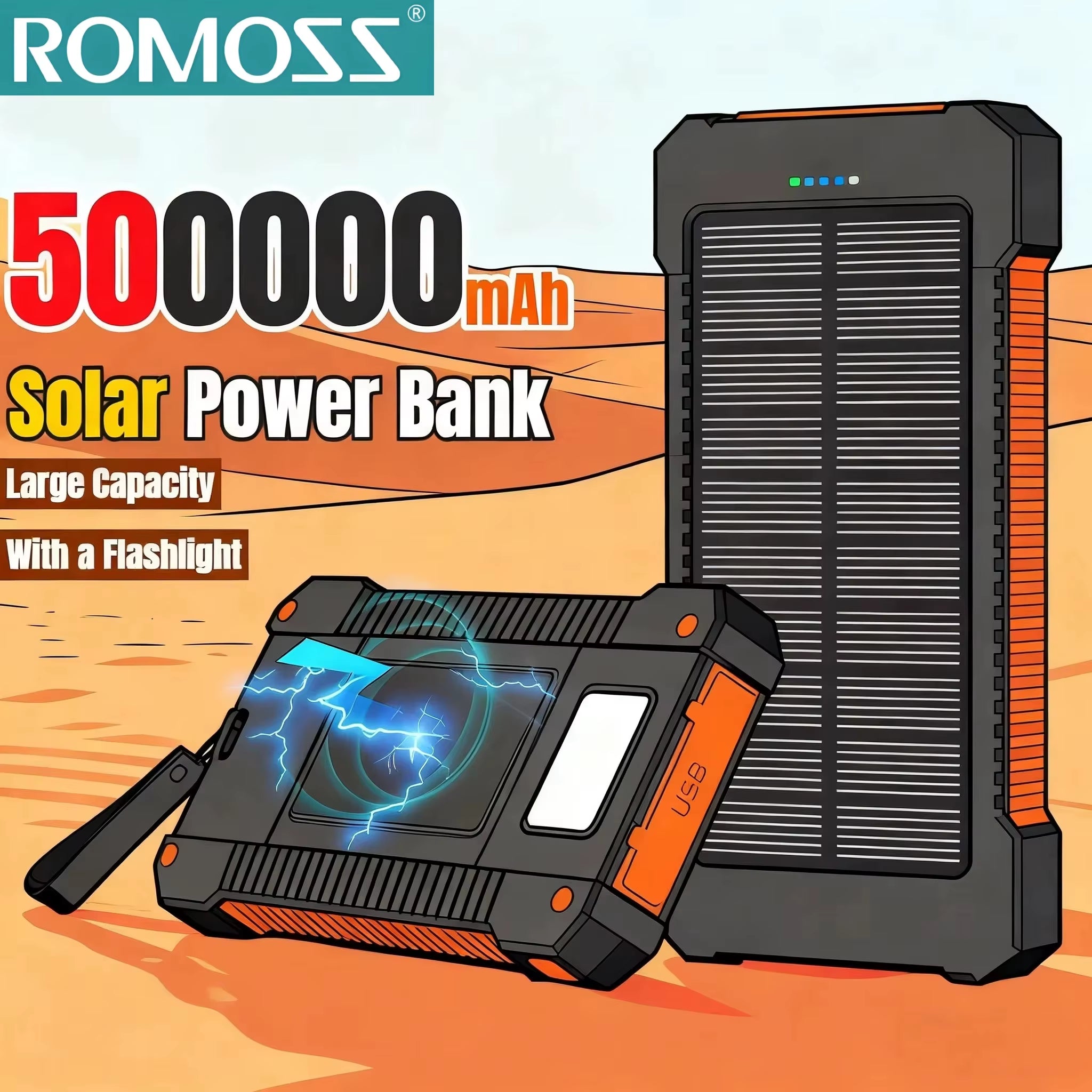 120W 500000Mah Solar Power Bank Portable Large Capacity Super Fast Charging Outdoor External Battery for Iphone 17/16/15
