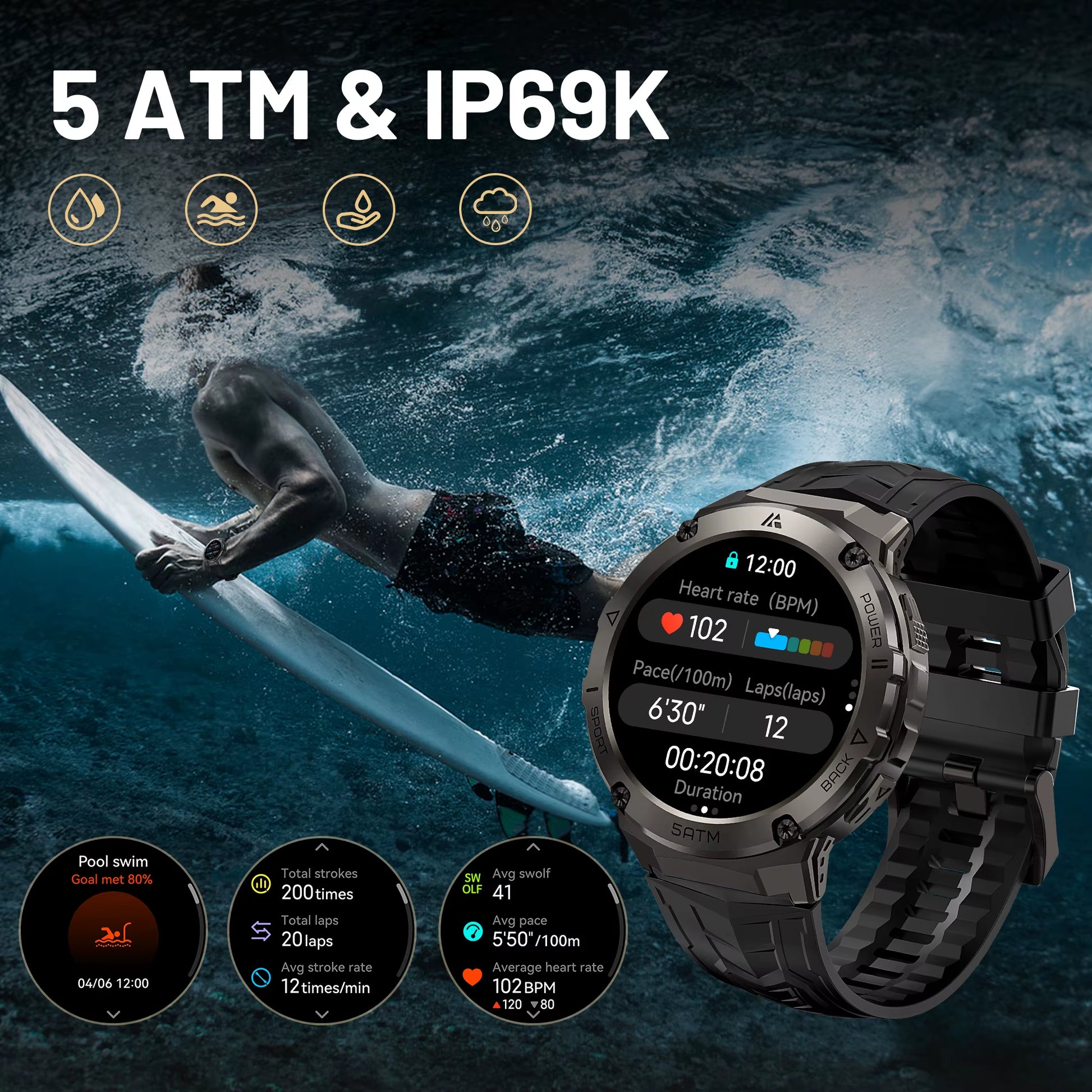 T3E GPS Smart Watch for Men Compass Altimeter Altitude Stainless Steel Shell 5ATM IP69K Waterproof 470Mah AMOLED Watches
