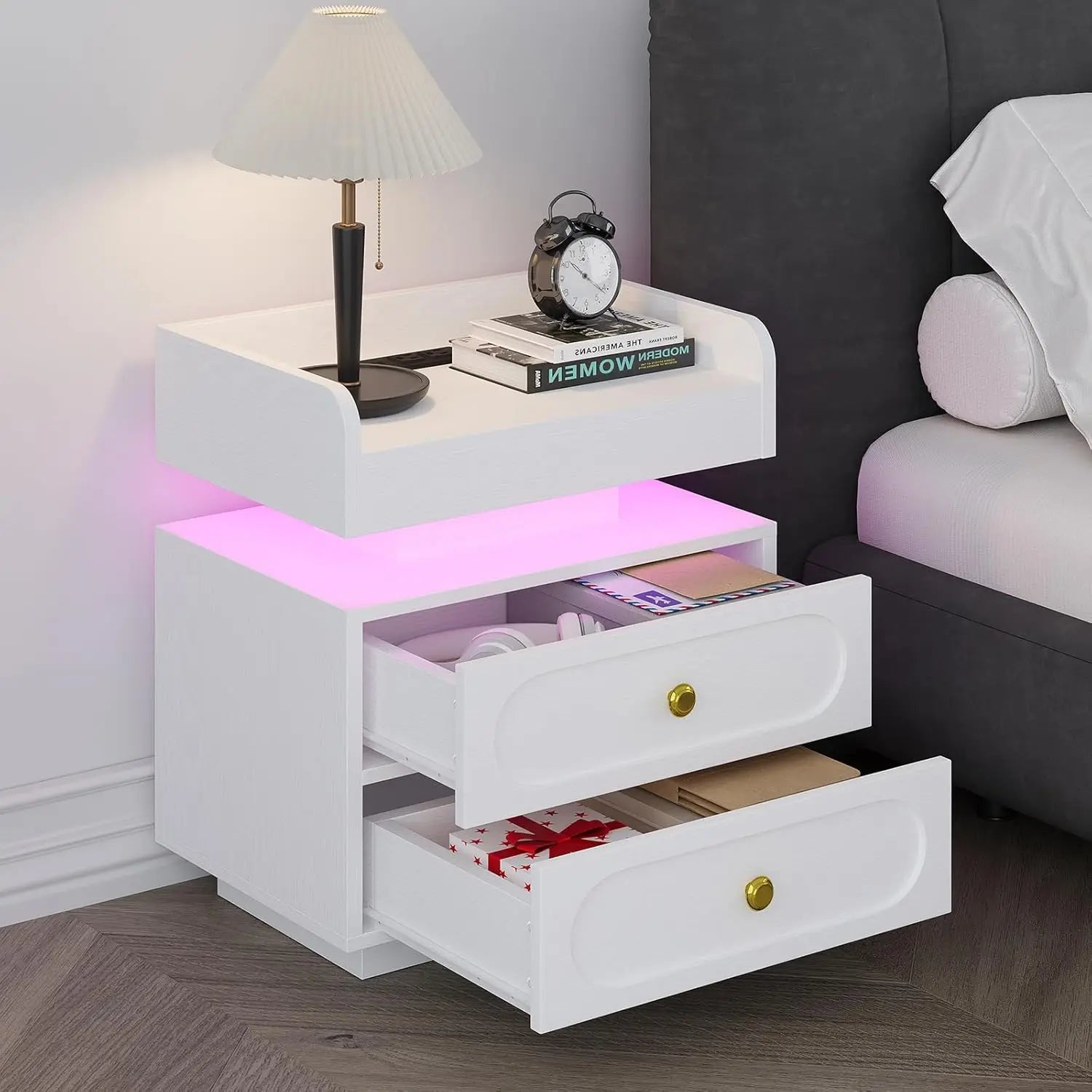 Black Nightstand with Charging Station, Bedside Table for Bedroom, LED Nightstand, Modern Night Stand with Drawers,, Customized