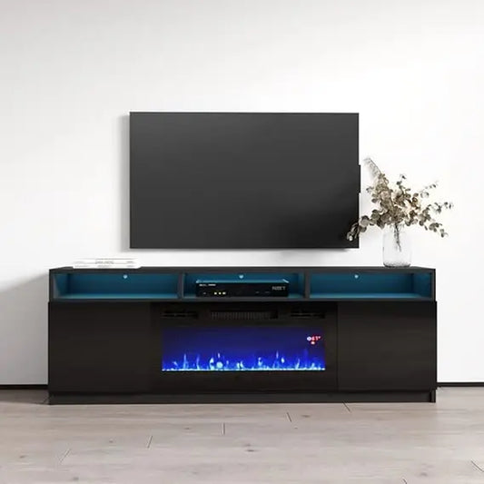 Modern Electric Fireplace TV Stand with High Gloss Finish and Storage Cabinets - 63 Inch Entertainment Center for Living Room