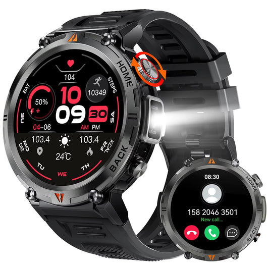 KE3 Black Bluetooth Call Smart Watch Men Full Touch Screen Health Monitor with Flashlight Men Smartwatch for Ios Androi